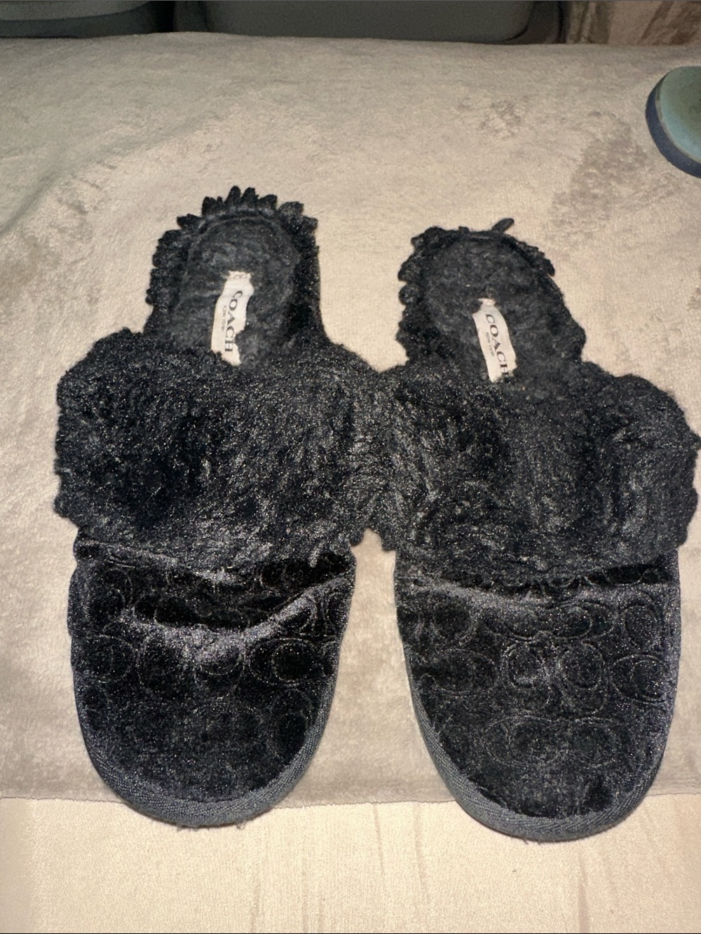 Coach Black Fuzzy Slide Slippers